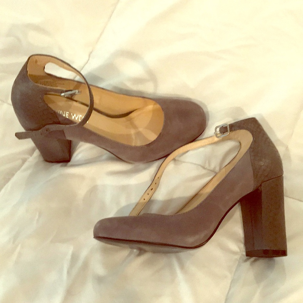 Grey suede block heels